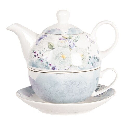 Set ceainic si ceasca cu farfurie, Pastel Butterfly, Clayre & Eef, portelan, 460 ml