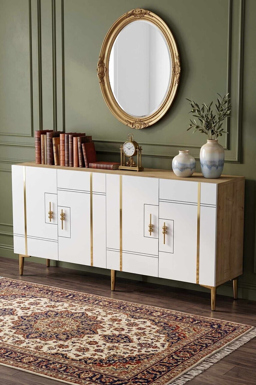 Consola, Hanah Home, Ilay 150, 150x75x32 cm, Stejar Safir / Alb / Auriu