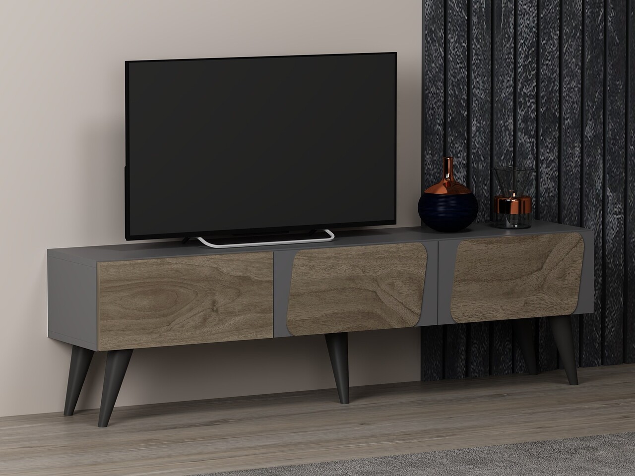 Comoda TV, Odessa, Veas, 150x30x43 cm, PAL, Antracit / Nuc - 1 | YEO