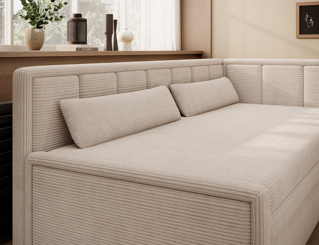 Canapea extensibila brat dreapta 3 locuri, ELTAP, Fulgeo, 214x82x77 cm, lemn/catifea din poliester, bej - 1 | YEO