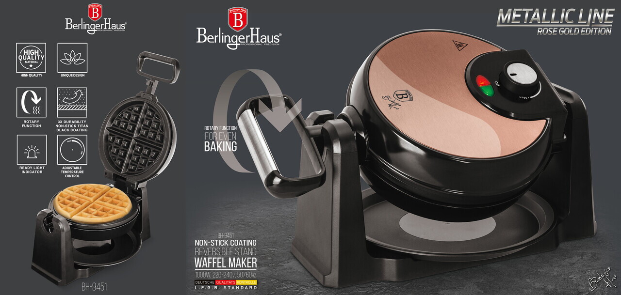 Aparat rotativ pentru vafe cu suport Berlinger Haus, Rose Gold, 1000W, 20.32 cm, roz/negru - imagine 8