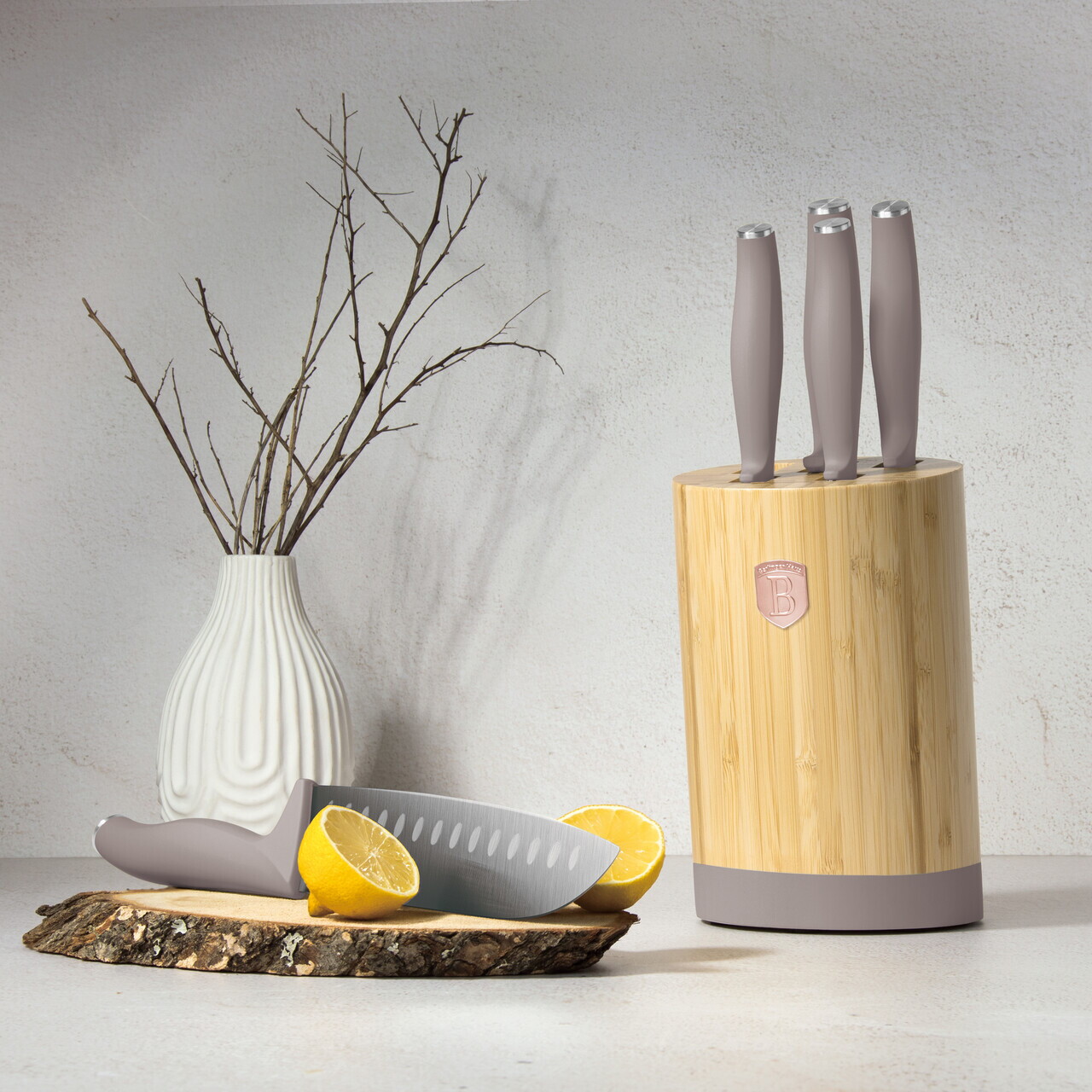 Set 5 cutite cu suport rotund Berlinger Haus, Taupe, inox/bambus, taupe mat/natur - imagine 5