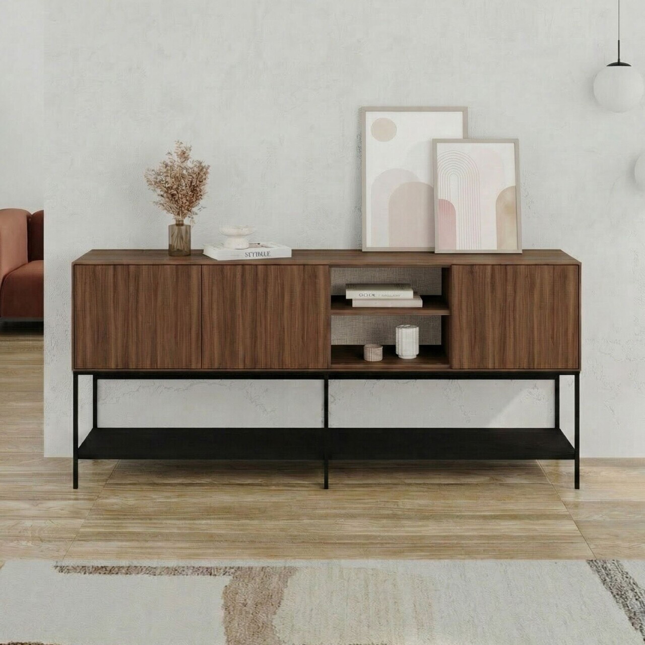 Consola, Hanah Home, Amira, 180x80x40 cm, PAL, Nuc Milano / Negru lemn / Negru — imaginea 2