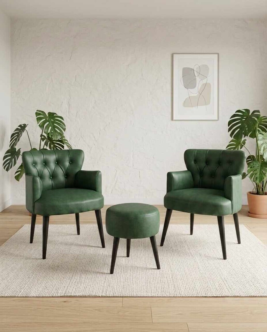 Set fotoliu cu aripioare și puf (3 piese), Atelier del Sofa, 281ELR1184, Verde