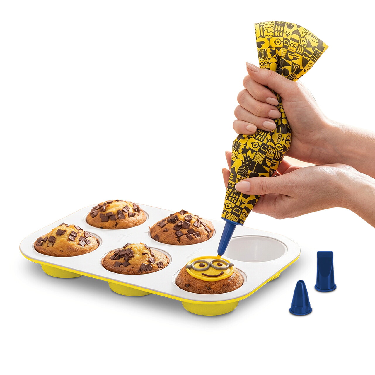 Set tava pentru briose si punga cu 4 duze de rezerva, Berlinger, Minions Collection, 26.5x18.5x2.5 cm, otel carbon, galben/alb — imaginea 3