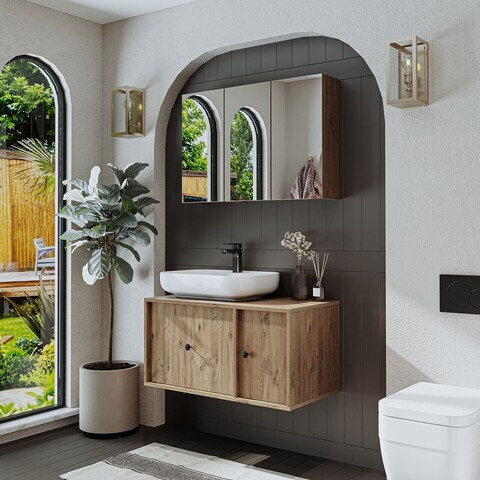 Set Dulap de Baie cu Chiuvetă și Oglindă (2 Piese), Hanah Home, 2572, MDF, Maro