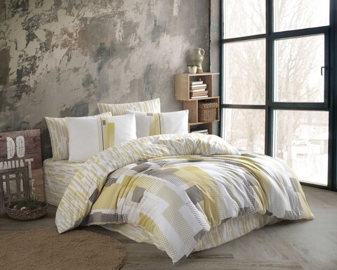 Lenjerie de pat pentru o persoana, 3 piese, 160x220 cm, 100% bumbac ranforce, hobby, retro, galben mustar