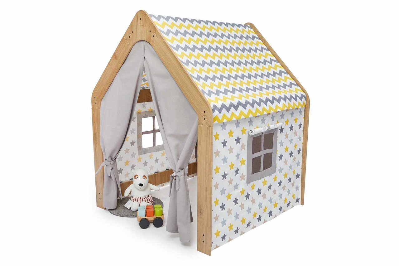 Cort de joaca pentru copii, Hanah Home, Wooden Tent, 95x114x90 cm, Natural / Alb / Galben - view 3