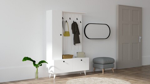 Cuier cu pantofar Lala, Puqa Design, 112x35x170 cm, PAL, alb 112x35x170