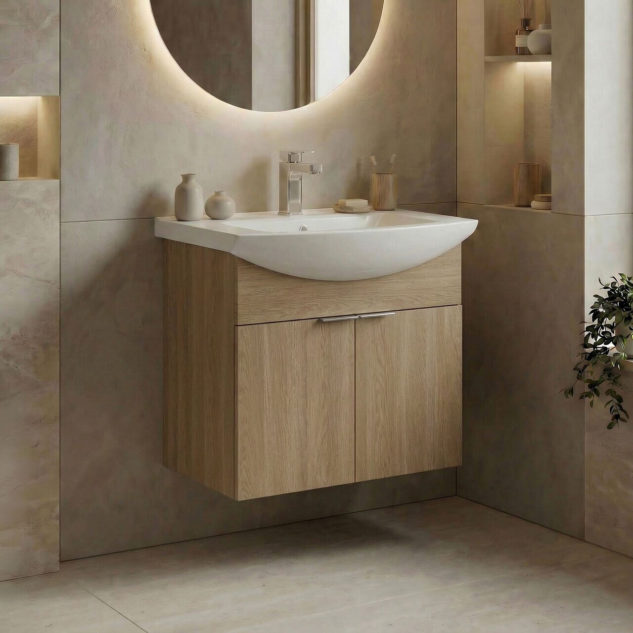 Dulap de baie cu chiuvetă, Hanah Home, Purus 55, Stejar Sonomo — imaginea 2