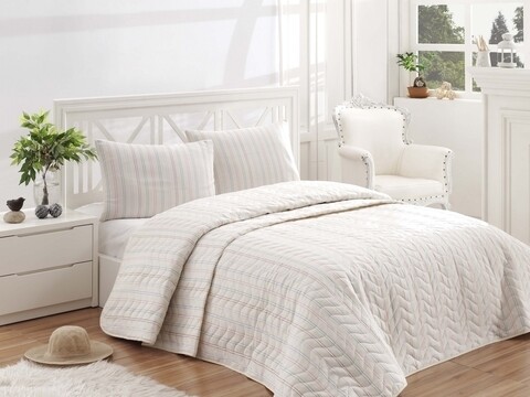 Set cuvertura de pat dubla matlasata, EnLora Home, Tunica Cream, 3 piese, 65% bumbac, 35% poliester, crem EnLora Home