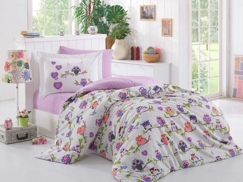 Lenjerie de pat pentru o persoana, 3 piese, 100% bumbac poplin, Hobby, Candy Lilac, multicolora