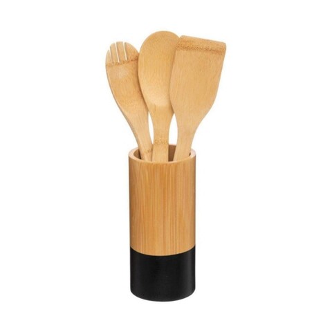 Set 3 ustensile de bucatarie si suport Bamboo, 5five, 8.7 x 33 cm, bambus, natural/negru 5five