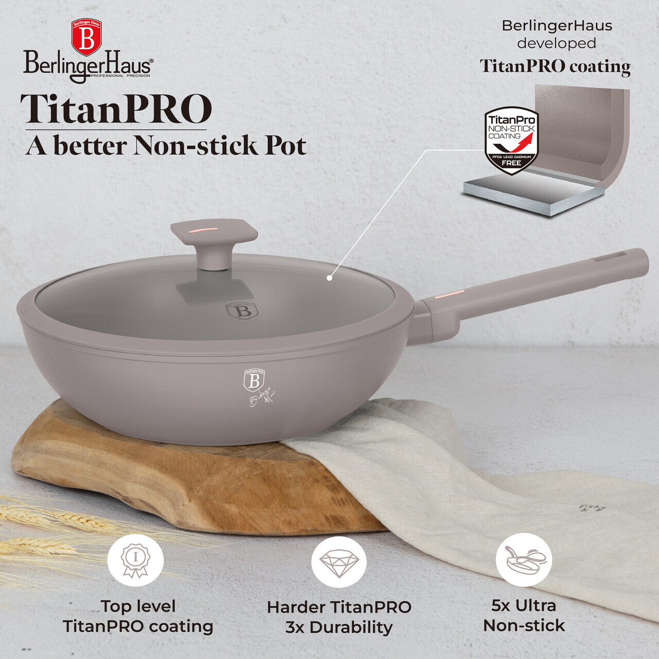 Tigaie Wok cu capac Berlinger Haus, Taupe, 28 cm, 3.2 L, aluminiu forjat, taupe mat - imagine 7