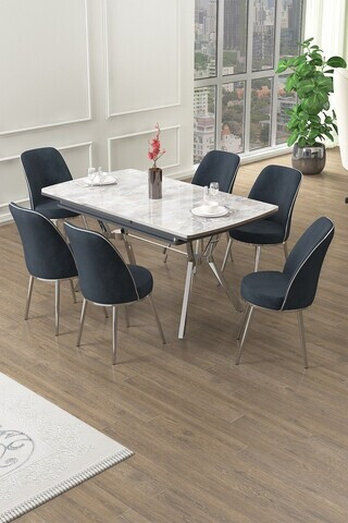 Set masa extensibila si scaune (7 piese), Hanah Home, Poy, Gri / Crom / Antracit