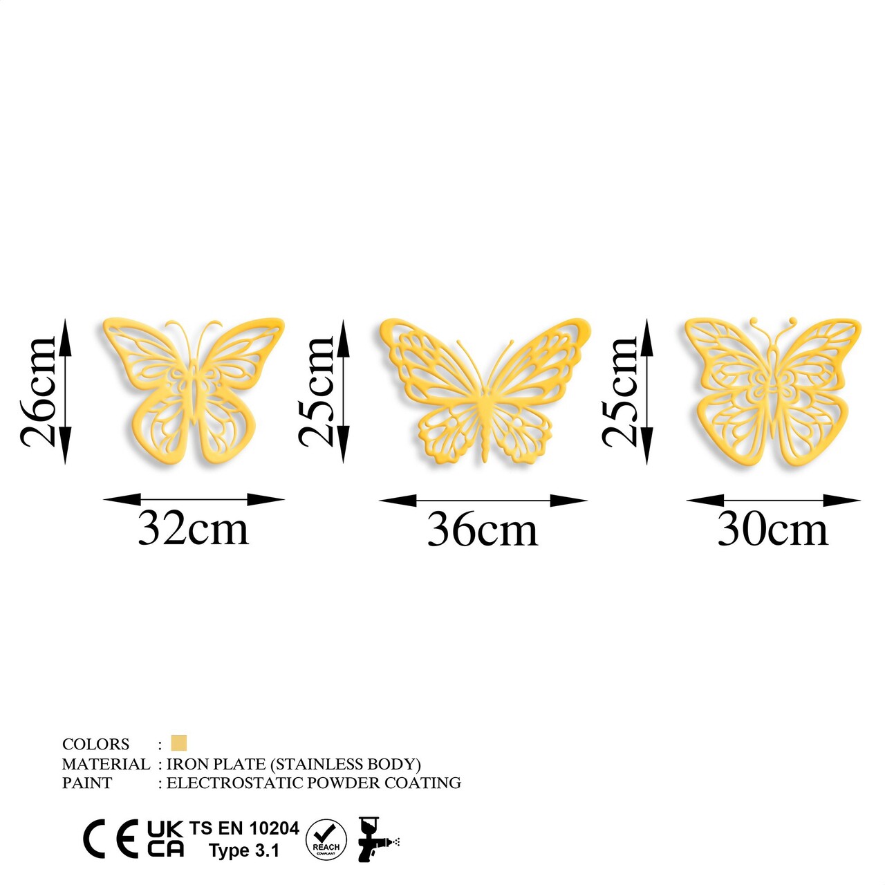 Decoratiune de perete, Butterflies 4, Metal, 32 x 26 cm, Auriu