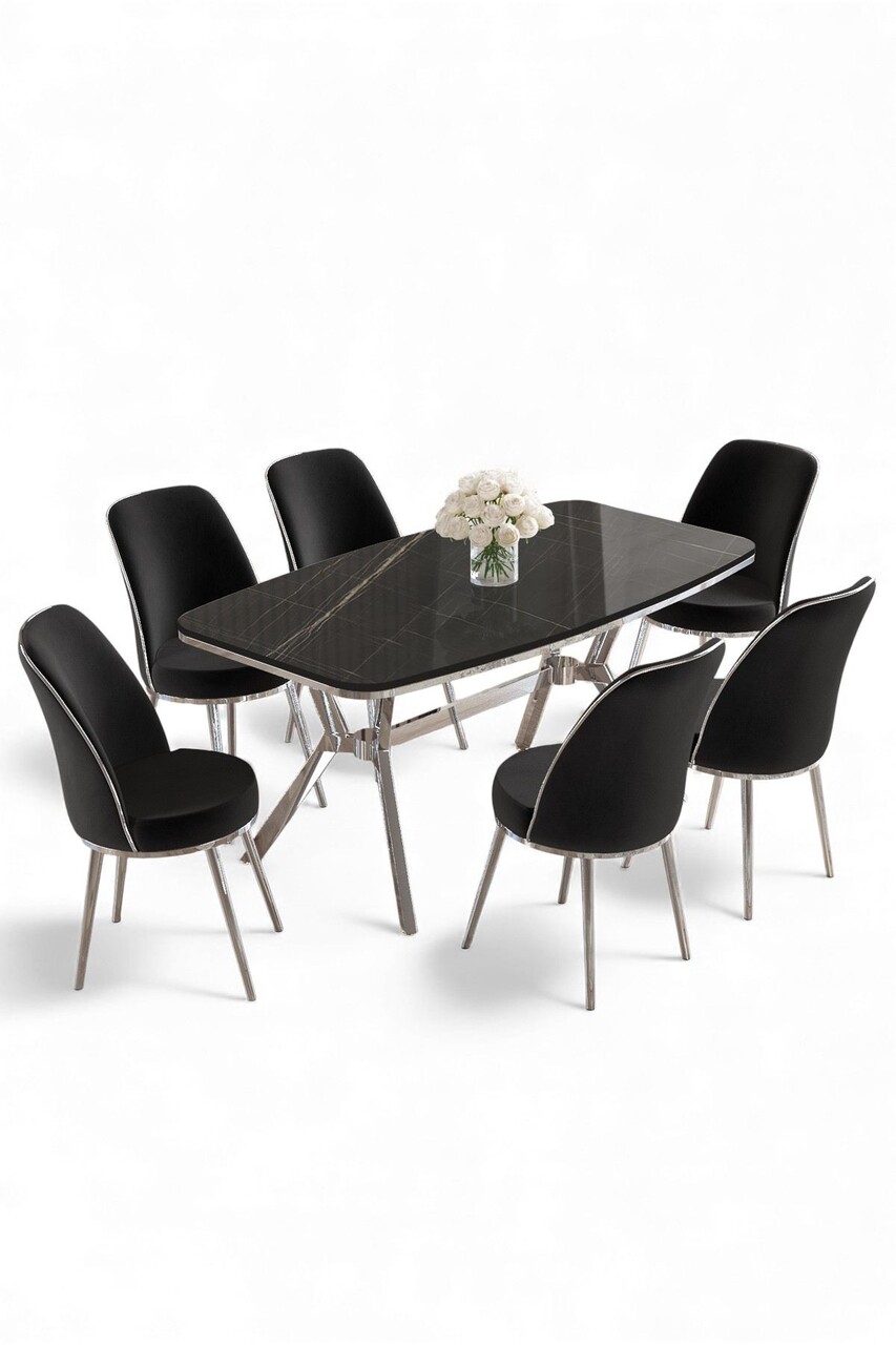 Set masă și scaune (7 piese), Hanah Home, Lena, Marmură neagră / Crom / Negru - view 2