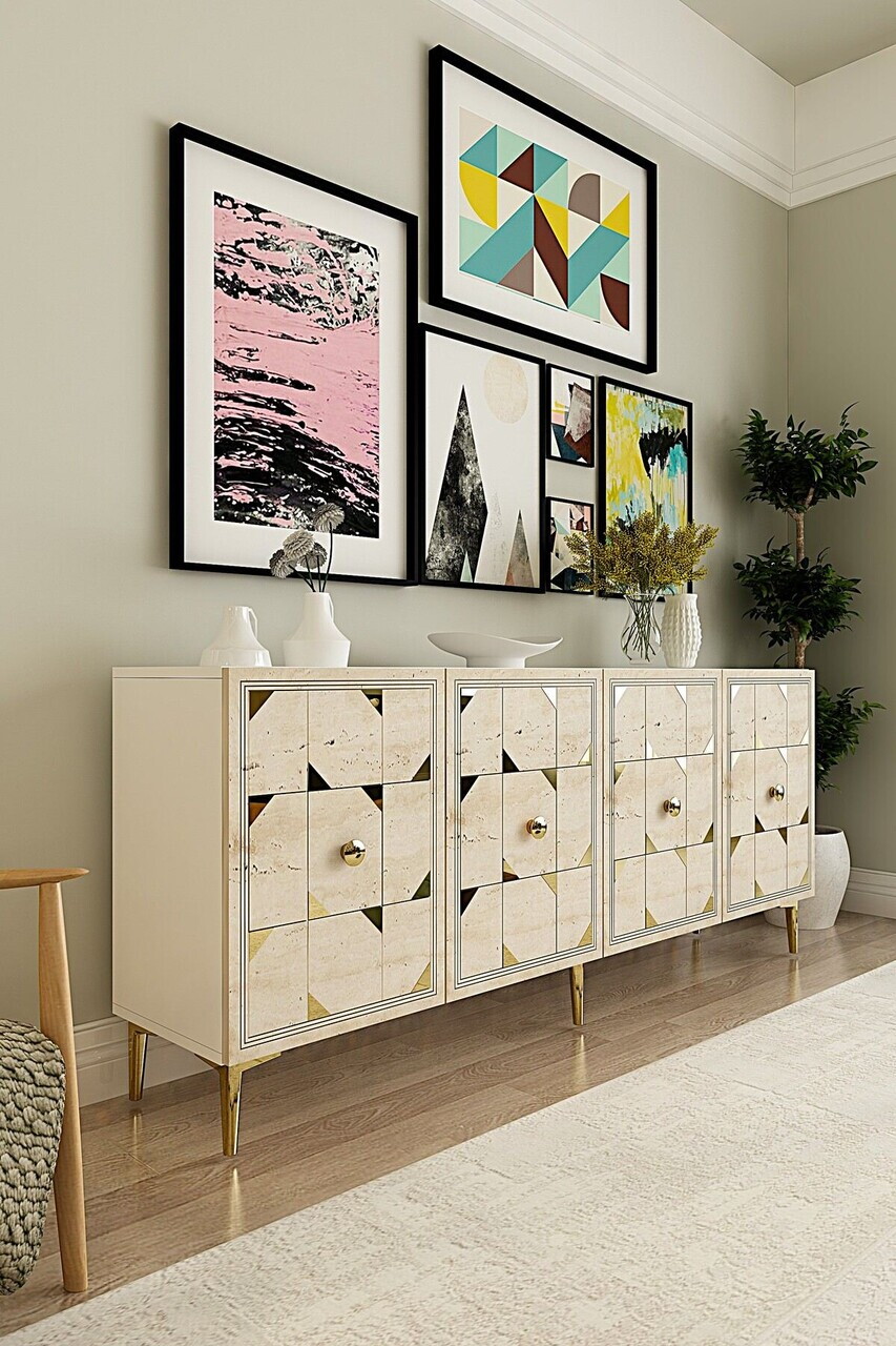 Consola, Hanah Home, Moka 180, 180x75x32 cm, White / Travertine / Gold — imaginea 2