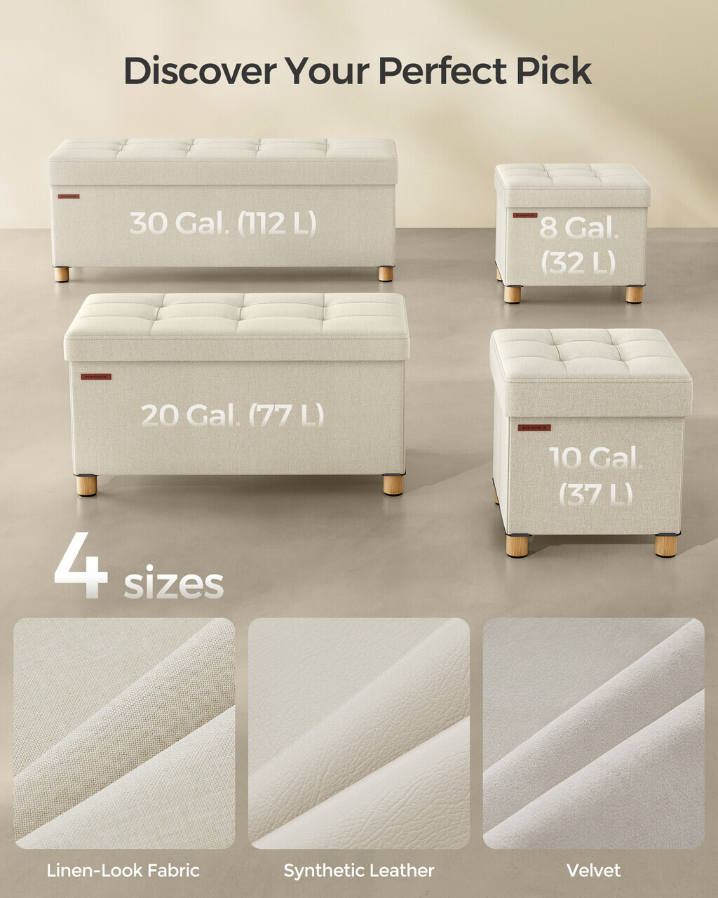Bancheta cu spatiu pentru depozitare,  Ottoman Bench, Songmics, max 300 kg, 110x38x40 cm, MDF/textil cu aspect de in, crem — imaginea 5