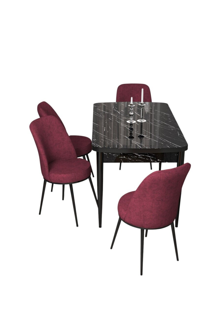 Set masa extensibila si scaune (5 piese), Hanah Home, Via, Model de marmură neagră / Burgundiu — imaginea 2