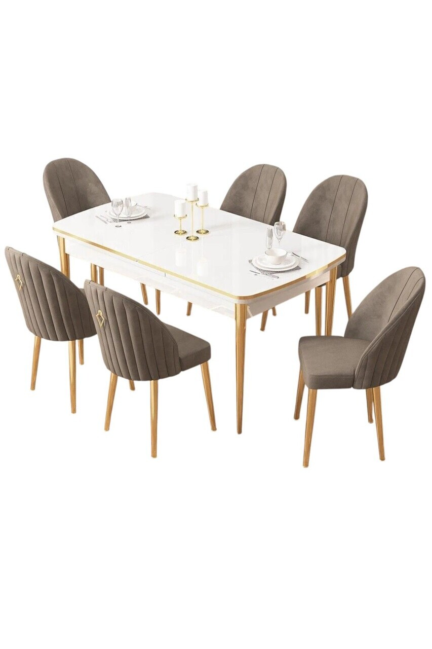 Set masa extensibila si scaune (7 piese), Hanah Home, Edaf, Alb / Auriu / Cappuccino — imaginea 2