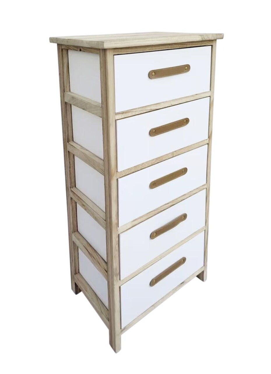 Comoda cu 5 sertare Reka, Bizzotto, 40x29x90 cm, lemn de paulownia/placaj, alb/natural