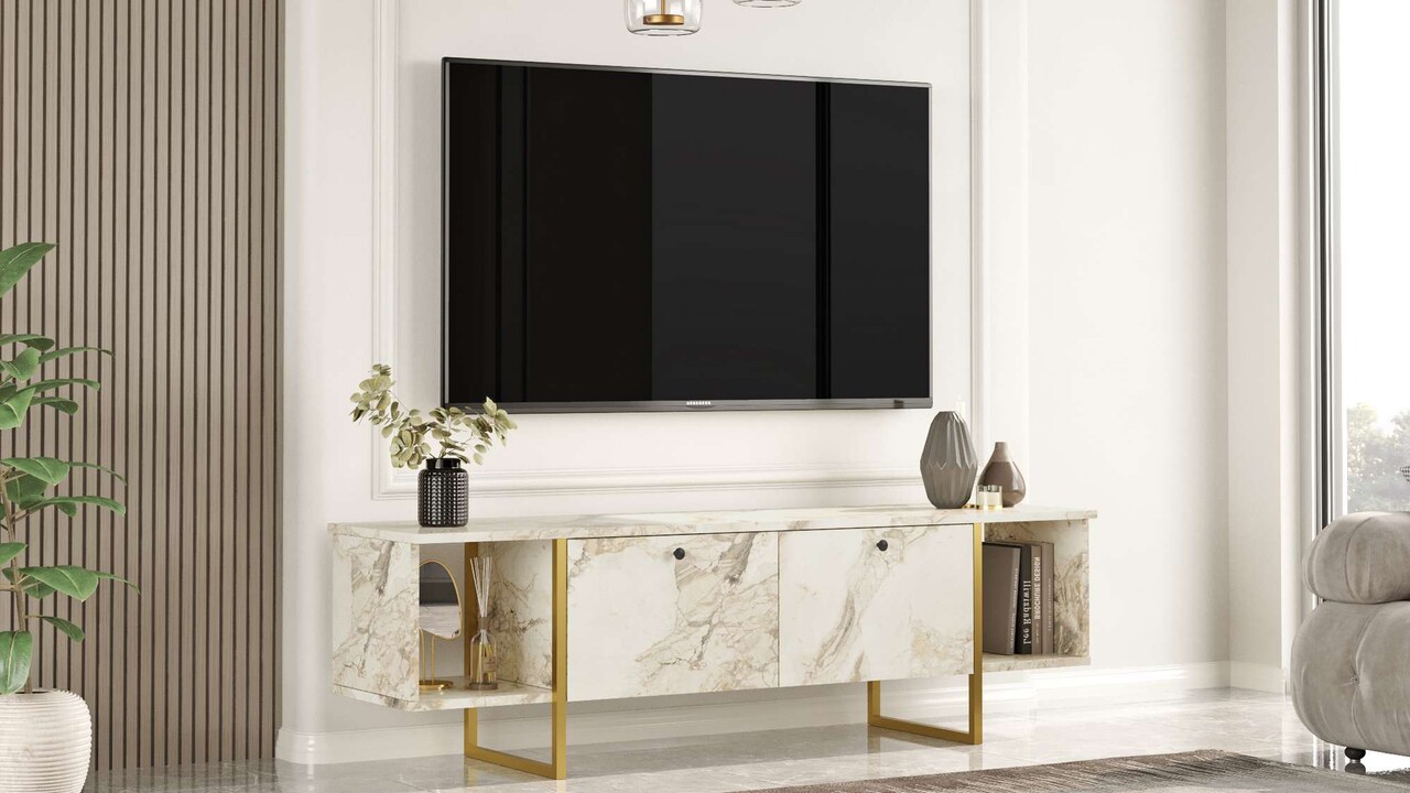 Comoda TV, Hanah Home, Vg30-Ge, 160x47.6x40 cm, Alb/Auriu - imagine 6