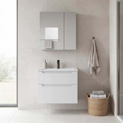 Set Dulap de Baie cu Chiuvetă și Oglindă (2 Piese), Hanah Home, Messina 65 v2, Alb mat