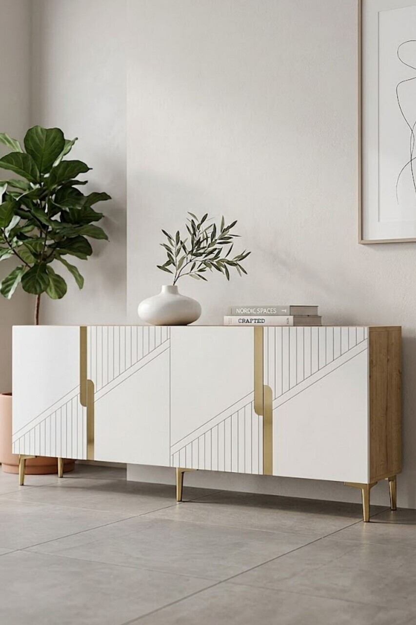 Consola, Hanah Home, Evva 150, 125x75x32 cm, Stejar Safir / Alb / Auriu — imaginea 3
