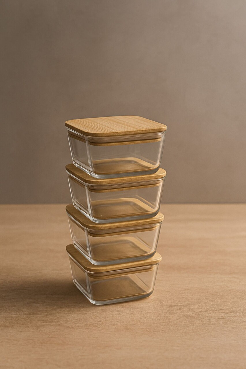 Set recipiente depozitare, Hermia, 409PBH1419, Capac din bambus: (4 bucăți), Transparent - imagine 3