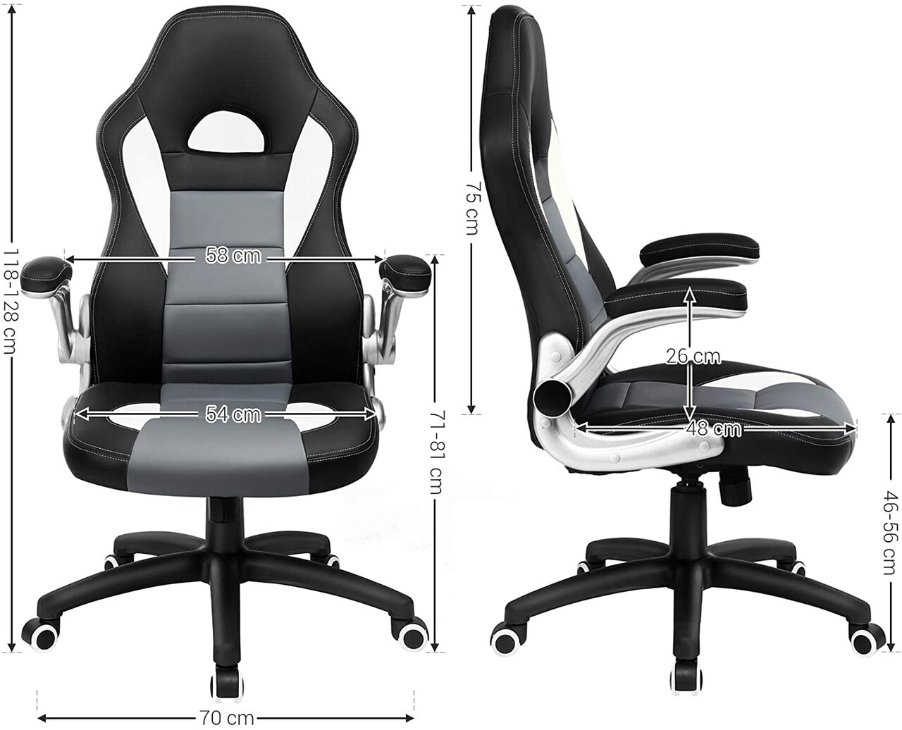 Scaun De Birou Ergonomic Gaming, Vasagle, Piele Ecologica, Negru/gri/alb