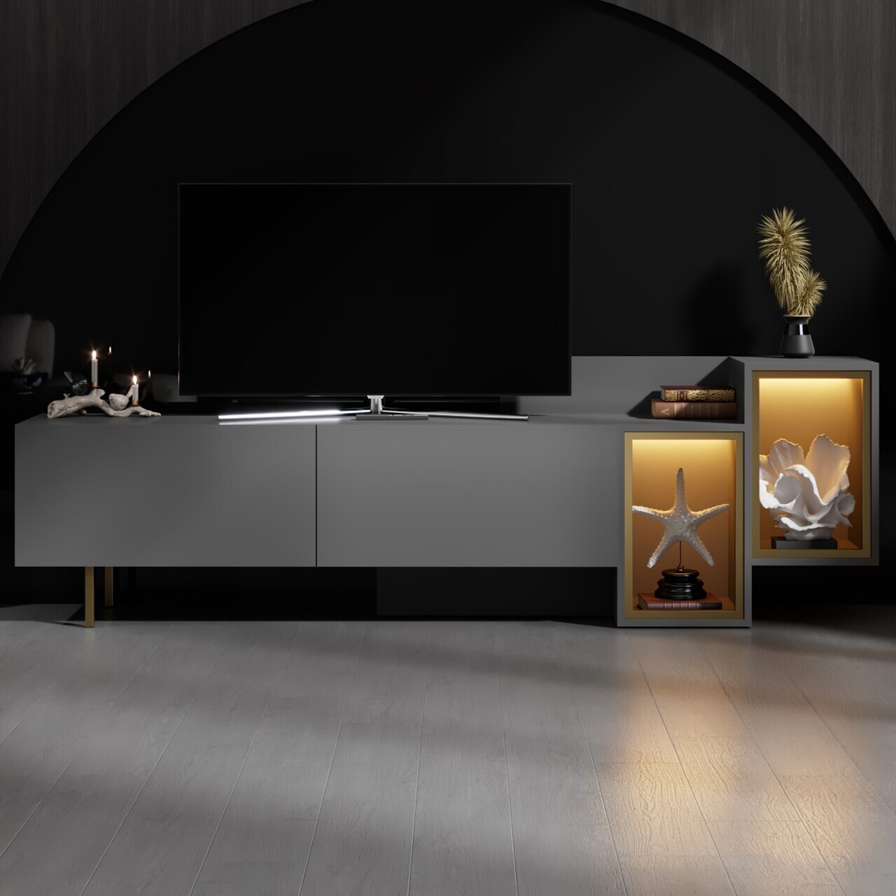 Comoda TV, Hanah Home, Tenon, 213.2x65x36.8 cm, Antracit / Aur — imaginea 2