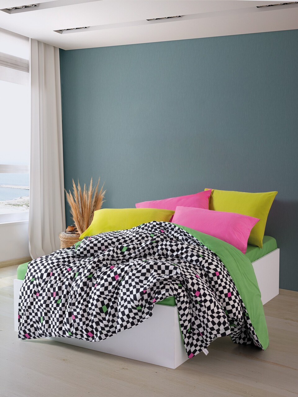 Lenjerie de pat dubla Super King (FR), L'essentiel Maison, Dazzle, Verde / Alb / Negru - imagine 2