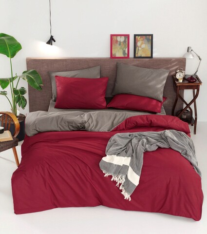 Lenjerie de pat dubla, Çift yönlü - claret red, grey, acasă enlora, bumbac ranforce
