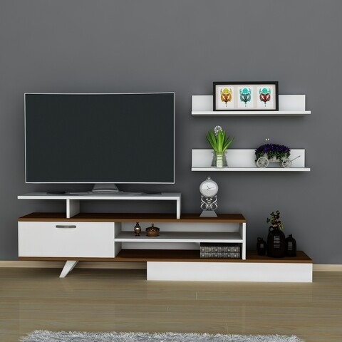 Comoda tv cu rafturi de perete milon, arnetti, 180 x 51.8 cm/60 x 16.3 cm, alb/walnut