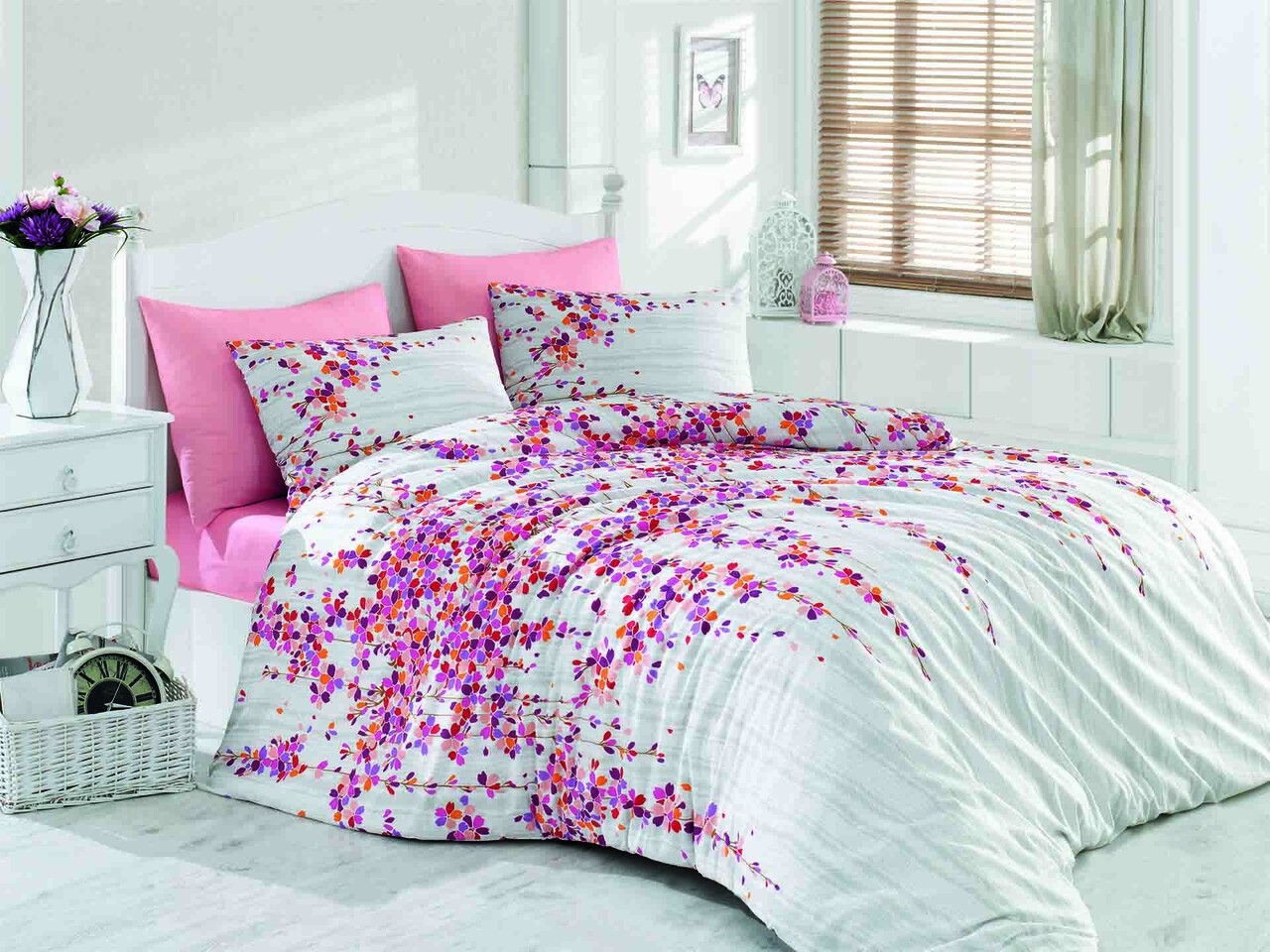 Lenjerie De Pat Dubla Time Pink, Majoli Home Collection, 4 Piese, 240x260 Cm, Bumbac Ranforce, Multicolor