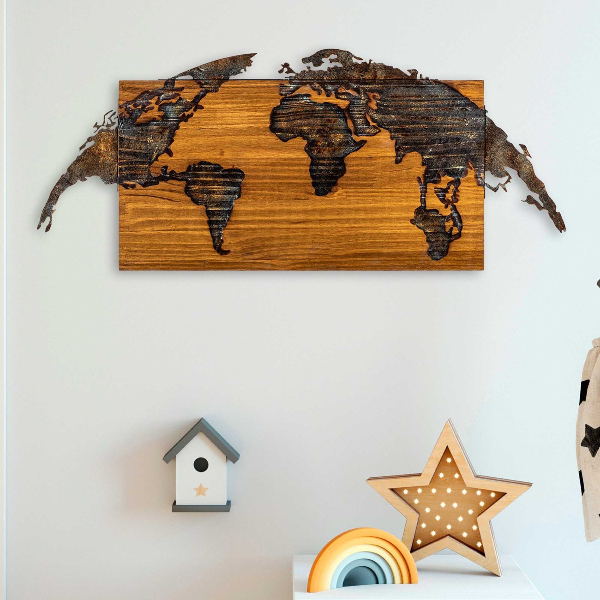 Decoratiune de perete, World Map-1, Lățime: 83 cm Înălțime: 38 cm Adâncime: 3 cm, Multicolor