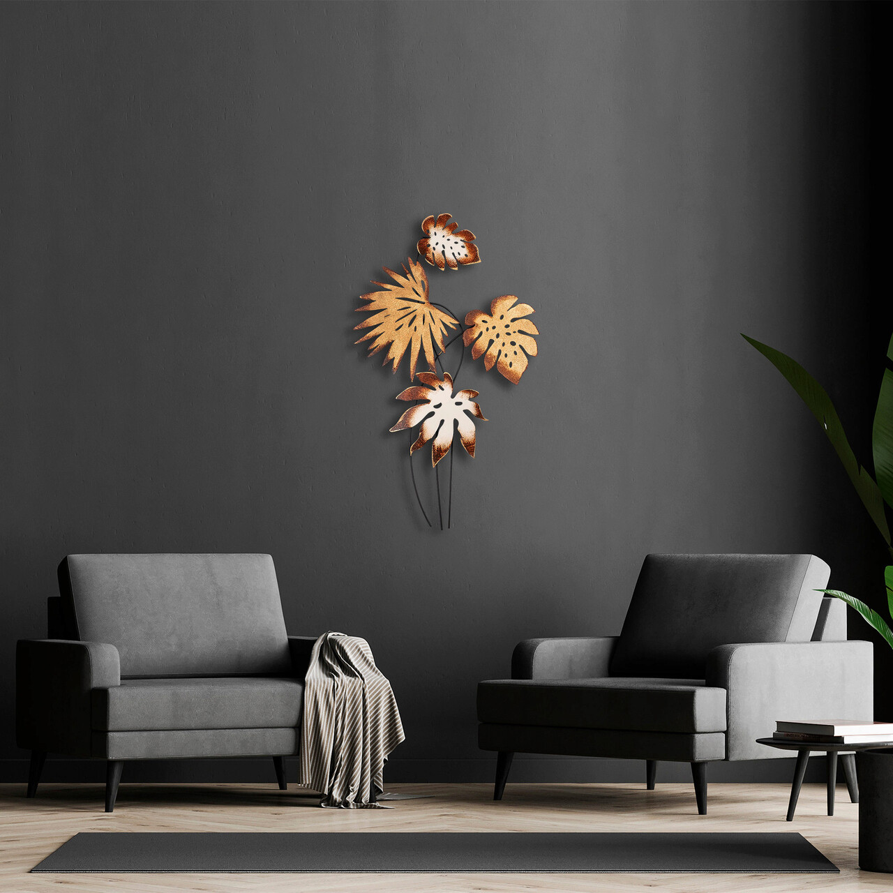 Decoratiune de perete, Monstera v3, Metal, Dimensiune: 69 x 113 cm, Multicolor - 2 | YEO