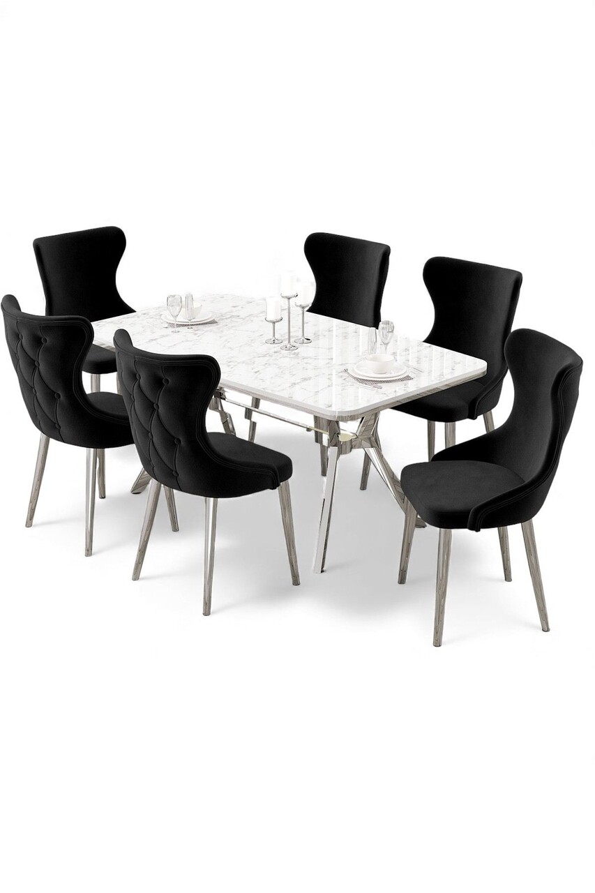 Set masa extensibila si scaune, Hanah Home, Esla, MARMURĂ ALBĂ CROM / NEGRU - view 2