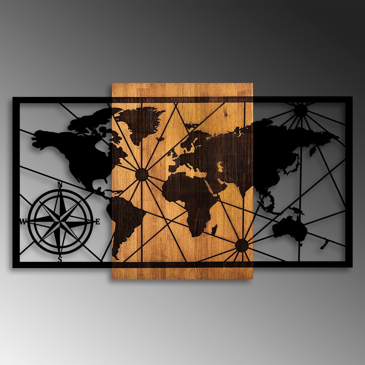 Decoratiune de perete, World Map 3-L, Dimensiune: 70 x 120 cm, Nuc / Negru — imaginea 4