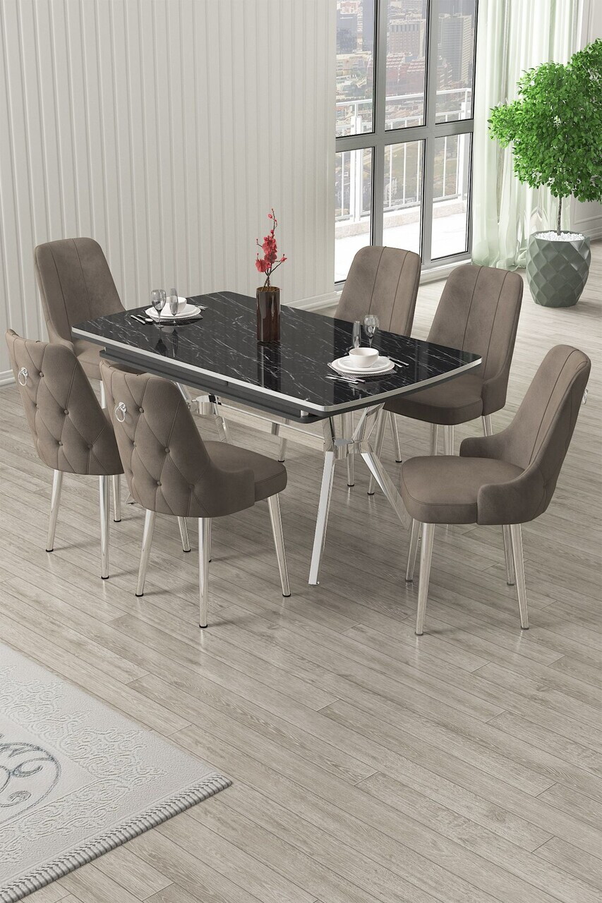 Set masa extensibila si scaune (7 piese), Hanah Home, Nis, Model de marmură neagră / Crom / Cappuccino