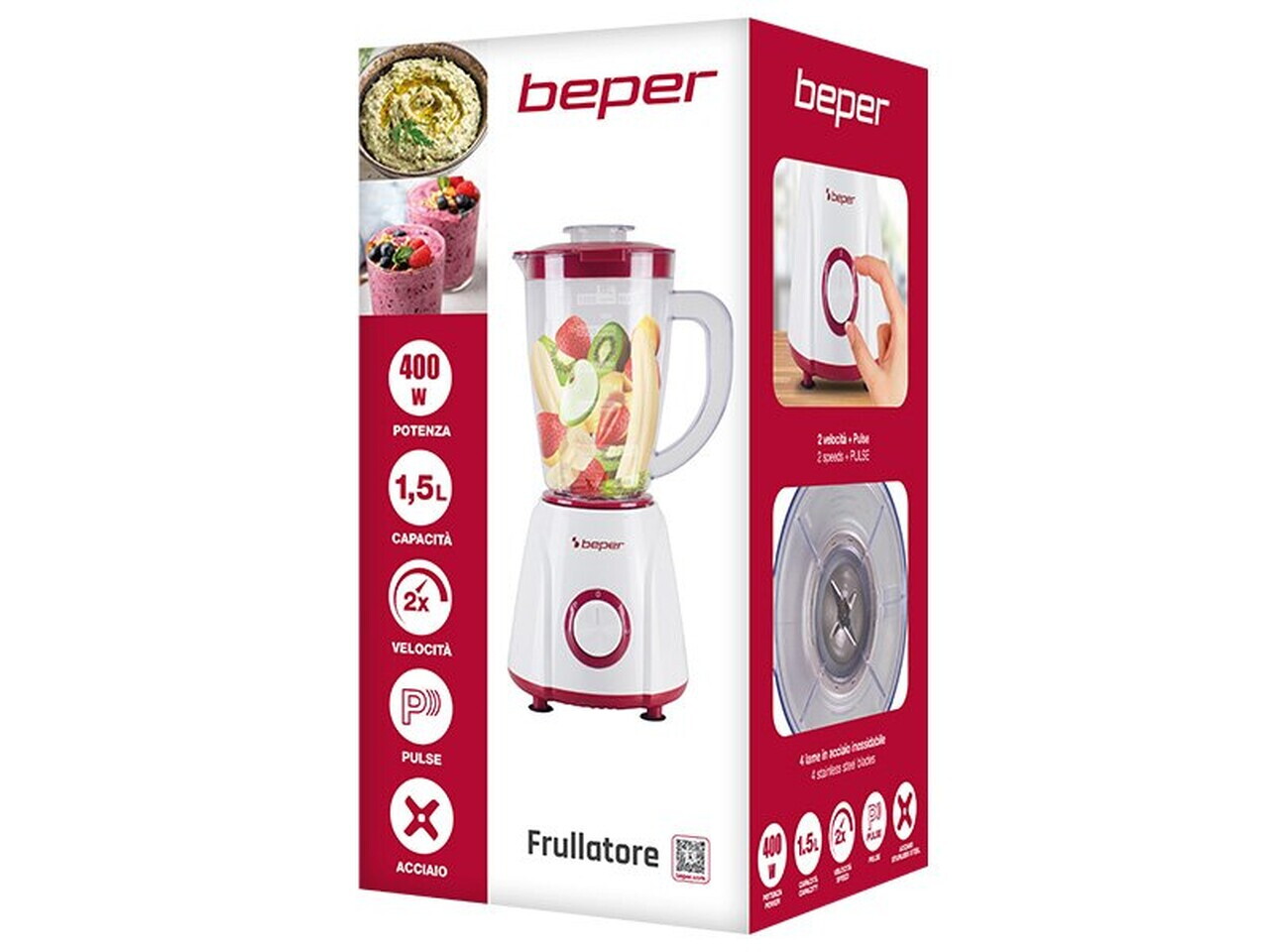 Blender de masa Beper, 17.5x18.5x37 cm, 400W, 1.5L, plastic/inox, alb/rosu - view 7