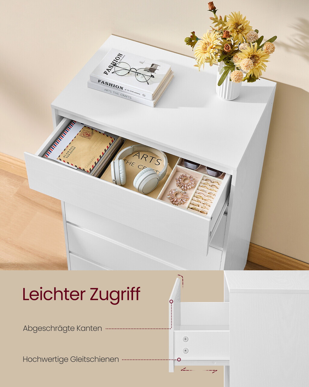 Comoda cu 5 sertare Kailyn, Songmics, 60x40x97.4 cm, PAL/MDF, alb - imagine 6