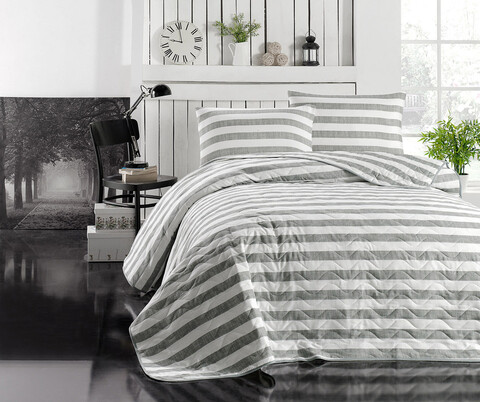 Set cuvertura de pat dubla 3 piese, Hook - Grey, EnLora Home, 65% bumbac/35% poliester