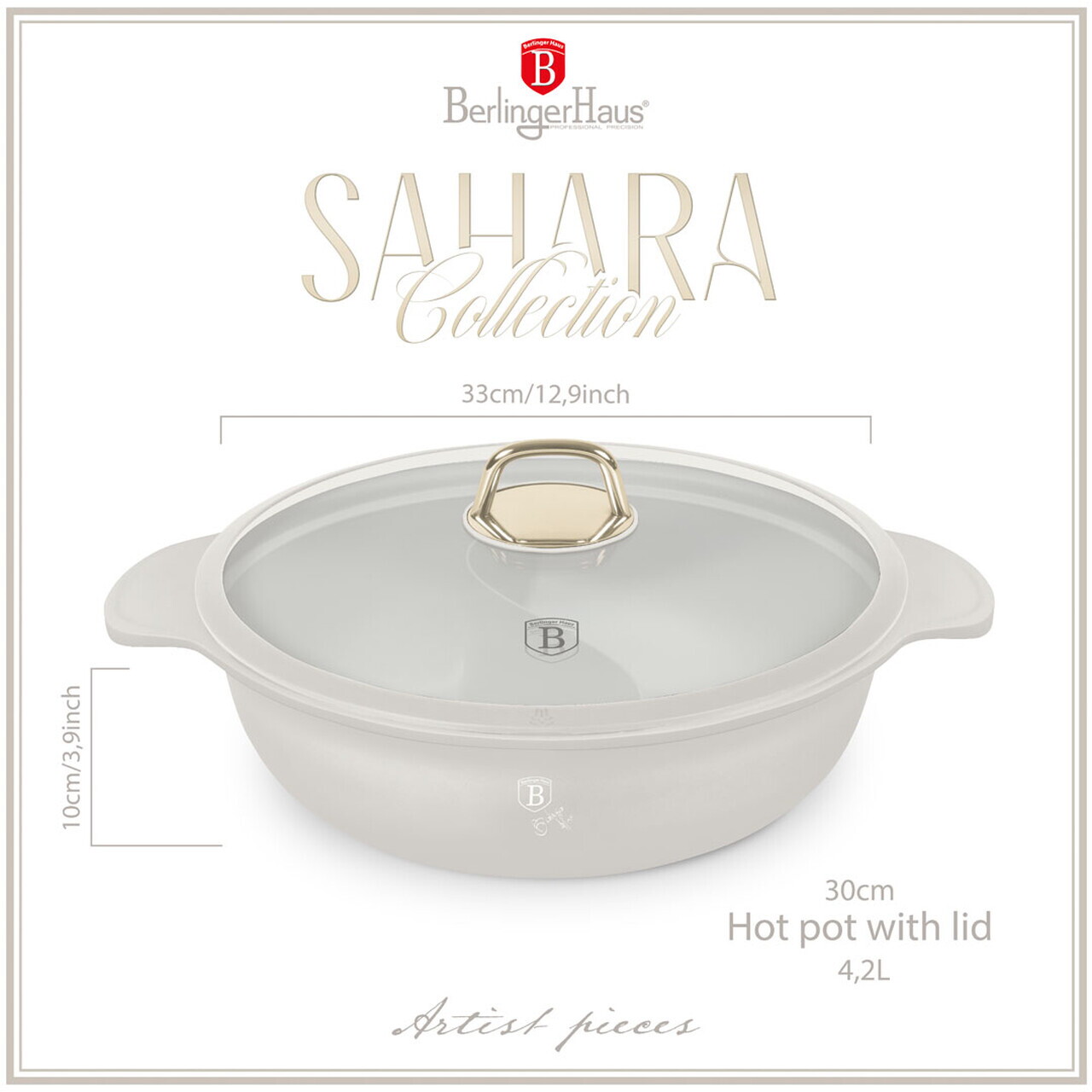 Oala cu capac Berlinger Haus, Sahara, 30x10 cm, 4.2 L, aluminiu turnat, crem mat - imagine 14