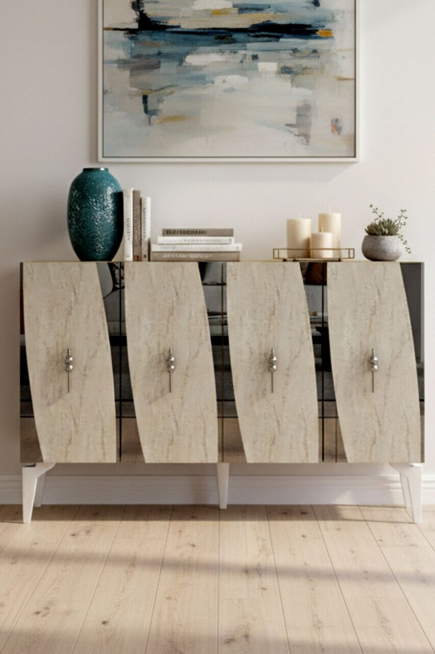 Consola, Hanah Home, Elips 120, 120x75x32 cm, White / Travertine / Silver — imaginea 2