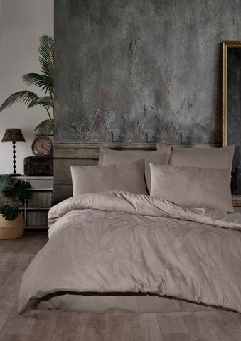 Lenjerie de pat dubla, 6 piese, 200×220 cm, 100% bumbac, Saheser, Ludano, maro nurca /100