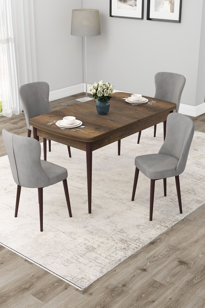 Set masa extensibila si scaune (5 piese), Hanah Home, Due, Model baroc din lemn / Gri