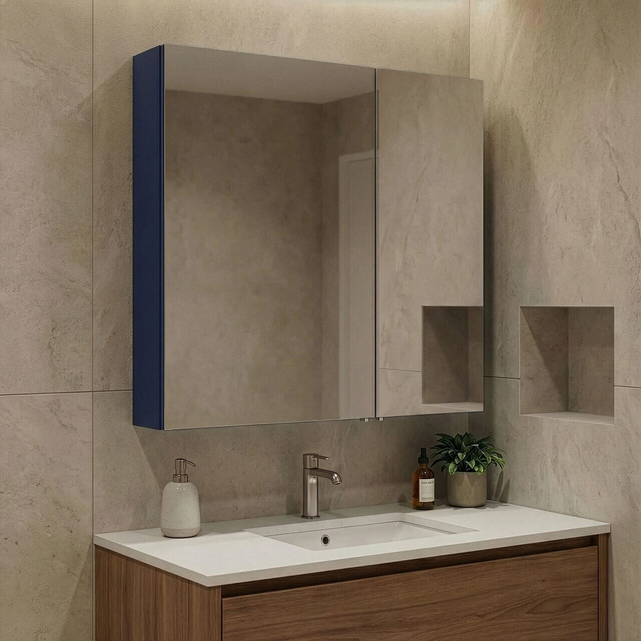 Dulap de baie cu oglindă, Hanah Home, Bari 60, Albastru marin mat