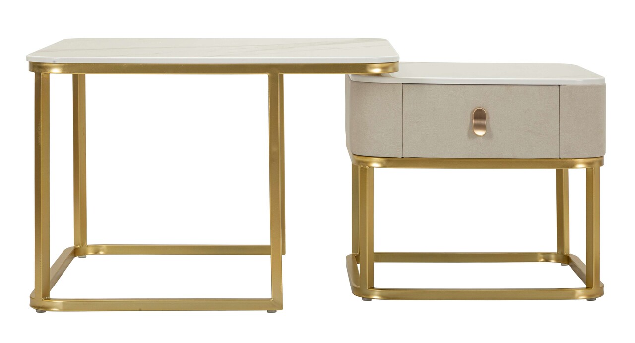 Set 2 masute de cafea Beauty, Mauro Ferretti, 70x70x48 cm, 50x50x43.5 cm, lemn de pin/MDF/metal, crem/auriu